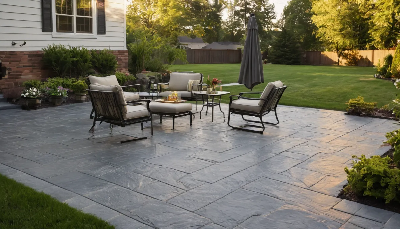 Stamped concrete patio with slate pattern behind a ranch home in Portage
